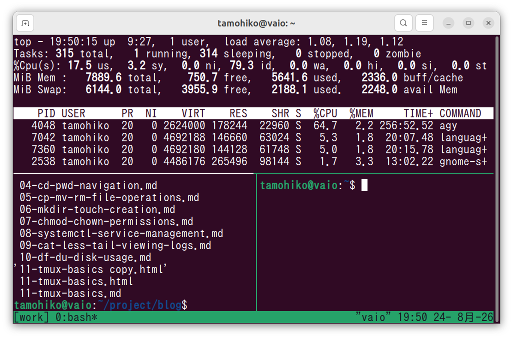 tmuxの画面分割イメージ