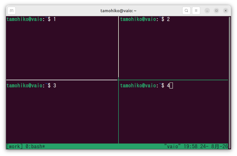 tmuxペイン拡大前の4分割画面